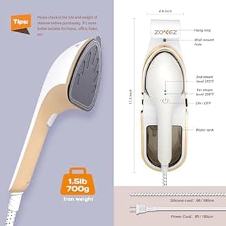 ZOKEZ Handheld Steamer for Clothes, 1500W Extra Large Sole, 330ml Detachable Tank, 2 in 1 Horizontal and Vertical Use, Fabric Wrinkle Remover, No Water Leakage and Auto Shut-off