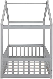 Bellemave Twin Size House Bed Frame, House Beds for Kids, Montessori Floor Bed with Fence, Playhouse for Kids, Gray