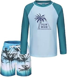Boys Swimming Costume Two Piece Swimsuit Set with Swimming Trunks Kids Long Sleeve Bathing Suit Swimwear