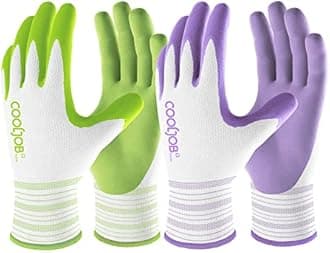 COOLJOB Gardening Gloves for Women and Ladies, 2 Pairs Breathable Rubber Coated Yard Garden Gloves, Outdoor Protective Work Gloves with Grip, Medium Size Fits Most, Lavender Purple & Apple Green