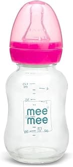 Mee Mee Premium Glass Feeding Bottle with Eazy-Flow Technology, Anti-Colic Valve,Anti Slip,BPA-free Baby Feeding Bottle For Babies & Toddlers(Pink, 120Ml)