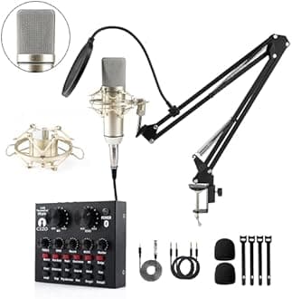CEZO U87 Condenser Microphone Kit with V8 Sound Card Adjustable Scissor Arm Stand Shock Mount Computer Mic for Gaming, Streaming, YouTube, Voice Over, Studio, Home Recording ()