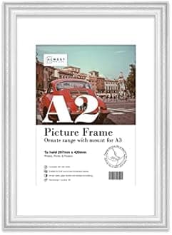 A2 White Ornate Picture Frame With White Mount for A3 (29.7 x 42cm - 11.7 x 16.5in) Poster, Photo, Artwork, or Print. Baroque Style Portrait and Landscape Display with Wall Hooks