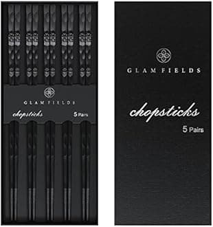 5 Pairs Fiberglass Chopsticks, GLAMFIELDS Reusable Chop sticks Dishwasher Safe, Non-slip, 9 1/2 inches - Gift Set Black