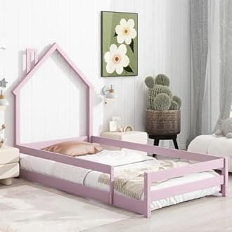 Dolonm Twin Size Montessori Toddler Floor Bed Frame, Modern House-Shaped Frame Headboard Bed with Fences, Pine Wood with Full-Length Guardrails, Bed for Girls Boys(without Slats), Pink