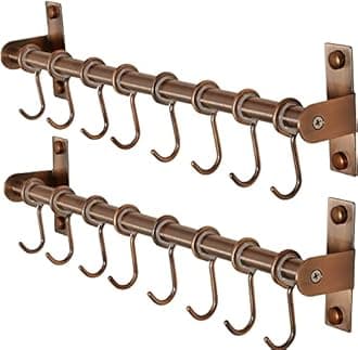 Dseap Kitchen Hooks for Hanging Utensils, Hanging Pot Rack, Kitchen Utensil Hanger Rail with 8 Hooks for Pots Pans, Spoons, Mugs, Wall Mounted, Stainless Steel, Antique Copper, Pack of 2