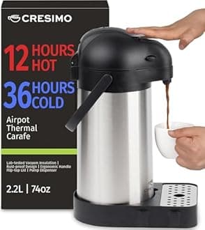 Cresimo 74 Ounce (2.2 Liter) Airpot Thermal Coffee Carafe/Lever Action/Stainless Steel Insulated Thermos / 12 Hour Heat Retention / 24 Hour Cold Retention (Airpot with Drip Tray)