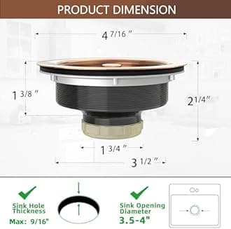 Kitchen Sink Drain Copper 3-1/2 Inch Stainless Steel Kitchen Drain Strainer Assembly Kit with Strainer Basket and Drain Stopper for Standard Sink Drains Antique Copper