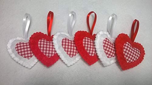 Valentine Day Tree Decorations, Red and White Gingham Check Felt Love Heart Shaped Hanging Tree Decorations, Xmas Twig Tree Decoration, Romantic Home Decor. Set of 6
