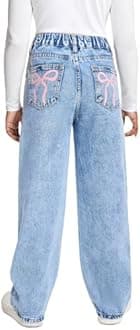 Jeans for Girls Baggy Wide Leg Cute Bow High Elastic Waisted Denim Pants Y2K Boyfriend Skater Streetwear 7-14Y
