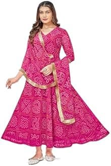 Women's Bandhani Print Anarkali Kurta with Matching Dupatta, Ethnic Indian Wear