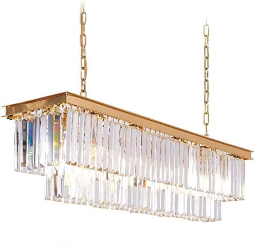 LLYU Gold Hanging Crystal Modern Rectangular Crystal Chandelier Lighting Linear Pendant Ceiling Lighting Fixture for Dining Room Kitchen Island Rectangle Chandelier