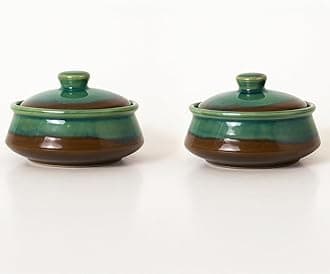 KALAKRITI 350 ml Green & Brown Glazed Ceramic Donga with Lid | Curd Setter & Dahi Handi | Microwave Safe Small Serving Donga for Biryani, Dal, Curry, Sabzi, Gravies & Desserts (Set of 2)