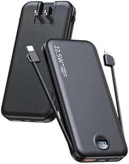 Portable Charger, 12000mAh 22.5W Type C Fast Charging Power Bank with Built-in Cables & Wall Plug, External Battery Bank with LED Display, Travel Essential Battery Pack for iPhone, iPad, Samsung Black