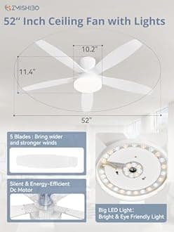 ZMISHIBO 52 inch Ceiling Fans with Lights and Remote/APP Control,White Low Profile Ceiling Fan with Light,Quiet DC Motor,LED Dimmable, Modern Flush Mount Ceiling Fan for Bedroom Indoor/Outdoor Patio