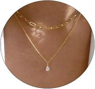 Gold Necklace for Women Dainty Diamond Rhinestone 14K Gold Plated Layered Cubic Zirconia Necklaces Paperclip Chain Set Trendy Waterdrop CZ Solitaire Pendant Choker Aesthetic Jewelry Gifts