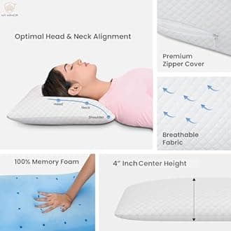 MY ARMOR Cooling Gel Memory Foam Pillow for Neck Pain & Shoulder Pain, Orthopedic Pillow for Sleeping, Thin Size - 24.5x15.5x4 Inches, with Checks Pattern Pillow Cover - 350GSM, White, Pack of 2