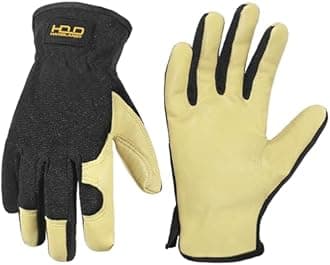 HANDLANDY Men Leather Gardening Gloves, Utility Work Gloves for Garden & Building Work, Dexterity & Breathable Construction Gloves (Beige-Black, L)