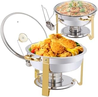 Chafing Dish Buffet Set 5 QT Stainless Steel Chafing Dishes Round Buffet Food Warmer Chafers Set for Parties Catering Event with Glass Lid, Lid Holder 6PCS
