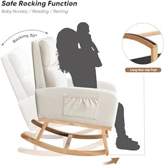 Rocking Chair Nursery, Leather Nursing Rocking Chairs, Upholstered Nursery Glider Rocker for Mom Nursery Morden Rocking Chair with Side Pocket for Living Room,Bedroom, PU Beige