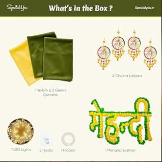 SpecialYou® Mehendi Decoration Setup, Haldi Decoration Items for Home, Haldi Backdrop Decoration Set with Yellow & Green Curtain, Haldi Mehndi Decoration Items for Marriage- 12Pcs