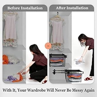 Wardrobe Pull-out Basket Cabinet Drain Storage Basket, Steel Wardrobe Rail Hanger, can Be Used for Clothes Sorting and Folding Storage (Color : Silver, Size : 464-514mm)