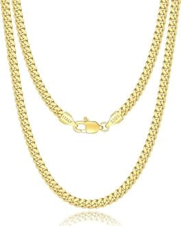 Eterjew Solid 18k Gold 925 Sterling Silver Plated Chain Necklace for Men Boys Women, 4mm Diamond Cut Cuban Link Chain Men, Sturdy & Comfortable & Shiny Italian Men's Gold Chain 16 18 20 22 24 26 Inch