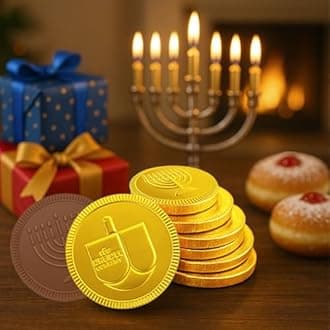 The Dreidel Company Chocolate Gelt Coins, 40-Mesh Bags - Made Milk Chocolate, Kosher OU- Dairy, Non GMO, Chanukah Gelt, (40 Mesh Bags) Hanukkah Coins With Menorah And Dreidel Designs