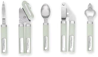 Laura Ashley 5-Pcs Kitchen Tools & Gadgets - Soft Grip, Heat Resistant, Dishwasher Safe - Stainless Steel Kitchen Utensils set Includes Garlic Press, Peeler, Can Opener, Bottle Opener, Ice Cream Scoop