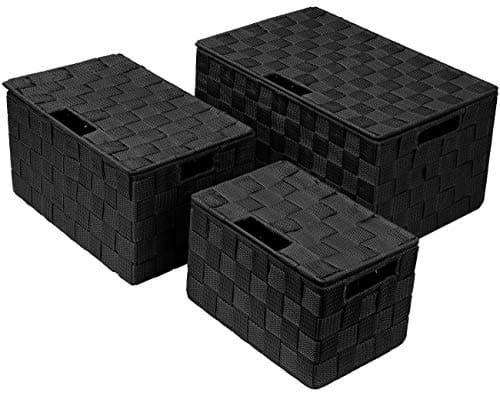 Sorbus Rustic Woven Mesh Storage Bins with Lids, Black, 3-Pack (Large: 13.5x8.75x6.87, Medium: 11x7x6, Small: 9x5.5x5.12) - Ideal for Organizing Various Items Around the Home