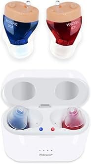 Rechargeable Hearing Aids for Seniors & Adults, Invisible Hearing Aid With Noise Cancelling, Rechargeable Hearing Aid with Storage and Charging Combo Portable Charging Case, Two Blue & Red