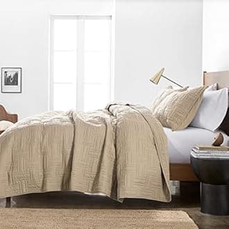 Beige Quilt Twin Size Bedding Sets with Pillow Sham, Cream Tan Lightweight Soft Bedspread Coverlet, Basket Weave Quilted Blanket Thin Comforter Bed Cover for All Season, 2 Pieces, 68x90 inches