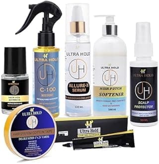 Ultra Hold Hair Extension and Wig Accessories Kit - C100 Solvent,Allure - X Hair Patch Serum,Adhesive Glue(11.8ml), Hair Patch Softener,Scalp Protector(60ml) & 1x20 Yards Cotton Tape