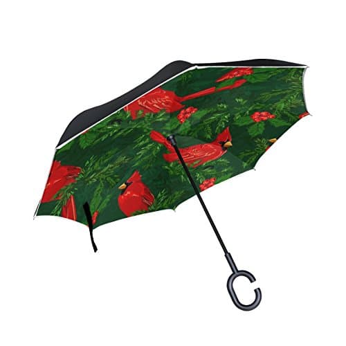 GIOVANIOR Red Cardinal Birds Inverted Double Layer Straight Umbrellas Inside-Out Reversible Umbrella with C-Shaped Handle for Rain Sun Car Use