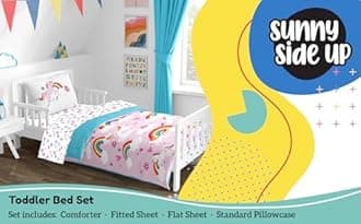 Sunny Side Up Rainbow Unicorns Toddler Comforter Set - 4 Piece Preschool Bedding Includes Comforter, Sheets & Pillow Cover - Super Soft Pink Floral Microfiber Bed Set