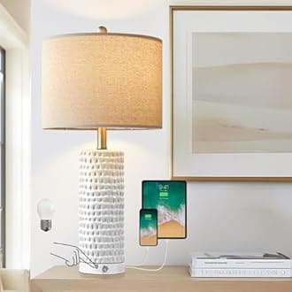 PORTRES 24" Bedside Lamps Table Lamp for Bedroom, 3-Way Dimmable Touch Nightstand Lamp, Farmhouse Ceramic White Lamp for Living Room End Table Lamps with USB C+A Ports (1 Pack)