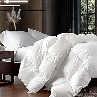 Luxurious Queen Size Goose Down Fiber Waterfowl Feather Fiber Comforter Duvet, 100% Egyptian Cotton Cover, 48 oz. Fill Weight, Baffle Box Design, White Solid