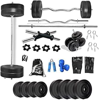 Bodyfit Home Gym Set 8 Kg to 100 Kg with Straight and Curl Rod + Dumbbell Rods Complete Exercise Equipments 1Kg Pair Dumbbell. (16 Kg Weight Plates)