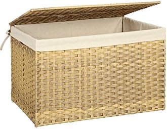 SONGMICS Storage Box with Cotton Liner, Rattan-Style Storage Basket, Storage Trunk with Lid and Handles, for Bedroom Closet Laundry Room, Natural URST76NL