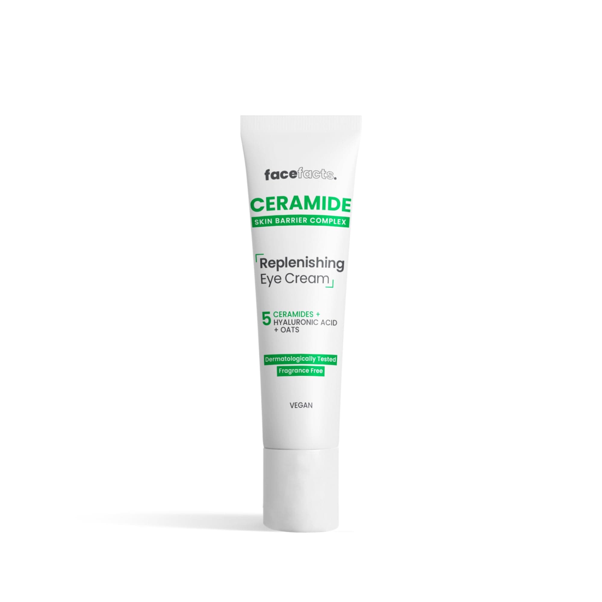 Face Facts Ceramide Eye Cream; Hydrates delicate skin; Strengthens skin barrier, reduces puffiness and dark circles; 5 Ceramides, Hyaluronic Acid, soothing Oats, Glycerin and Vitamin E; 15ml