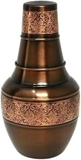 Pure Copper Bedroom Carafe Water Bottle With Inbuilt Glass, Surahi Design - Embossed Carafe for Bedside - Storage & Drink ware, Volume 1.4 Lt - 47.3 US Fluid Ounce Capacity