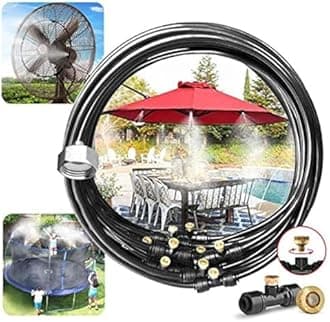 Outdoor Misting Misters Cooling System 33.3FT (10M) Misting Line + 10 Brass Mist Nozzles + a PVC Connector(3/4")+a PVC Socket(1/2") for Patio Fan Garden Greenhouse Misting， Trampoline for Waterpark