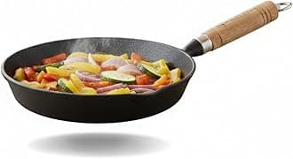 TRILONIUM Pre-Seasoned Cast Iron Sleek WHS8 Skillet | Fry Pan 20 cms, 1.2 Kgs, Sturdy Wooden Handle Induction Compatible