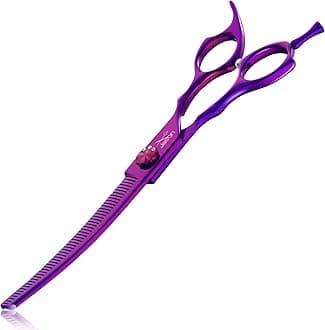 JASON Curved Thinner Dog Scissors - 7” Ergonomic Pet Scissor Purple Curved Thinning Dog Shear 440C Stainless Steel Grooming Shears Professional Pet Shears For Groomer (52-Teeth, Up-curved) Christmas