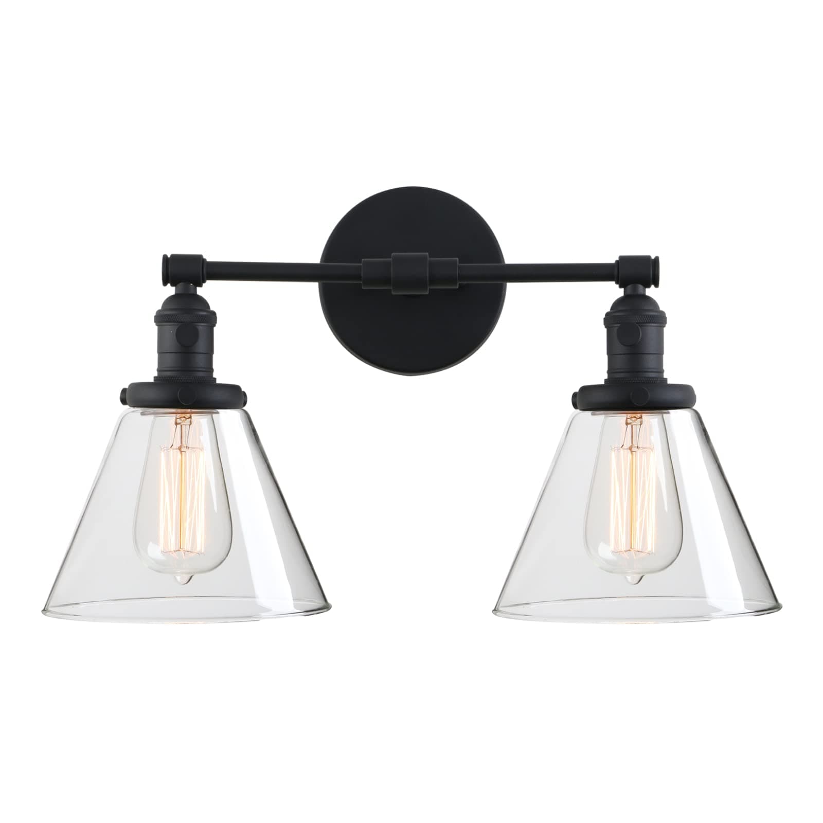 Phansthy 2-Light Industrial Wall Light Black Wall Sconce Light Fixture with Dual 7.3 Inches Cone Clear Glass Canopy(Black)