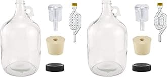North Mountain Supply 1 Gallon Glass Fermenting Jug with Handle, Size 6.5 Rubber Stopper, 6 Bubble Airlock, 2 Piece Airlock, Black Plastic Lid, Set of 2