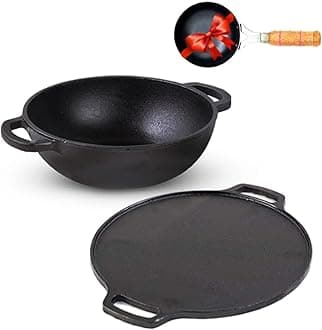 Pre-Seasoned Cast Iron Cookware Set + Free Iron Tadka Pan | Kadai (25.4Cm/2.3L) + Tawa (30.5Cm) | Kitchen Cooking Combo Pots And Pans Set Of 3Pcs | Naturally Nonstick - Black