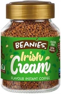 BEANIES Flavoured Instant Coffee - IRISH CREAM, Sugar Free instant coffee Hot & Cold Coffee Makes 25 Cups 100% Arabica Light Roasted Coffee 50g. Bottle (Irish Cream)
