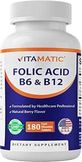 Vitamatic Folic Acid, Vitamin B12 & B6 – 180 Fast Dissolve Tablets Heart Health, Energy Production & Red Blood Cell Support