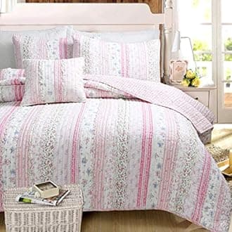 Cozy Line Home Fashions Pink Flower Lace Ruffle Stripe Shabby Chic Girl 100% Cotton Reversible Quilt Bedding Set, Coverlet, Bedspread (Pink Lace, King - 3 Piece: 1 Quilt + 2 Shams)